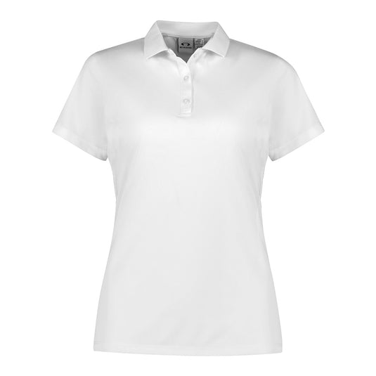 Biz Womens Action Short Sleeve Polo with a self-fabric collar and recycled pearlized buttons, crafted from 100% recycled polyester, designed for breathability and comfort, suitable for workplace safety and active environments.