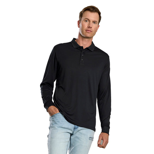 Biz Mens Action Long Sleeve Polo made from 100% BIZ ECO™ Certified Polyester, featuring a breathable sports knit, self-fabric collar with recycled buttons, and a versatile longer length with a loose pocket.