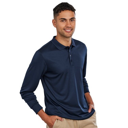 Biz Mens Action Long Sleeve Polo crafted from eco-friendly recycled polyester, featuring a breathable sports knit for comfort, with a self-fabric collar and recycled buttons, suitable for workplace or casual wear.