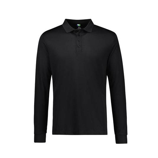 Biz Mens Action Long Sleeve Polo made of 100% recycled polyester offers a breathable sports knit with a self-fabric collar and loose pocket, perfect for active safety workwear.