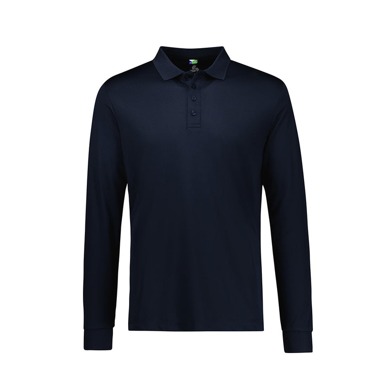 Load image into Gallery viewer, Biz Mens Action Long Sleeve Polo, featuring a breathable sports knit and self-fabric collar with recycled pearlized buttons, offers versatility with its longer length and includes a loose pocket for practicality.
