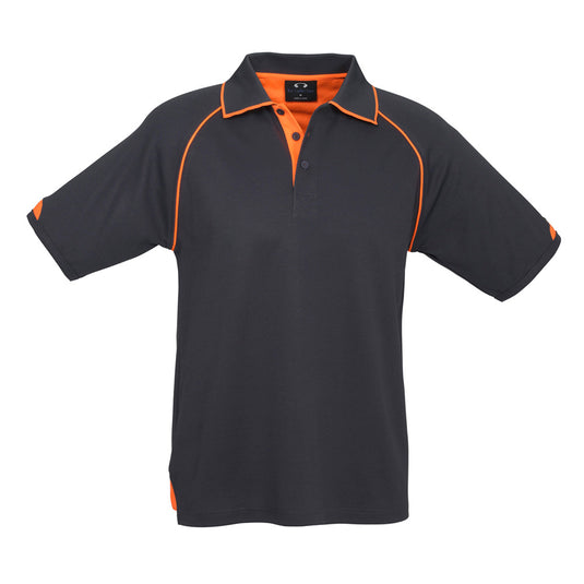 Biz Fusion Short Sleeve Polo Shirt made of BIZ COOL™ fabric with Hi-Viz fluoro trims, ribbed collar, side splits, and a loose pocket, ideal for workplace safety and comfort.