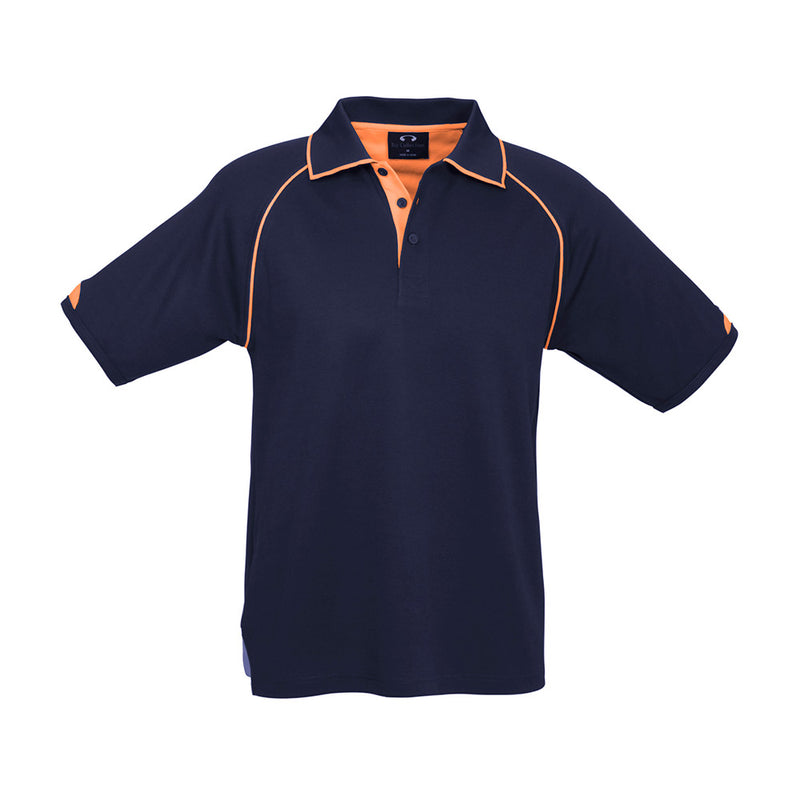 Load image into Gallery viewer, Biz Fusion Short Sleeve Polo Shirt featuring a ribbed collar with fluoro tipping, side splits with fluoro inserts, and quick-dry fabric, ideal for safety-focused work environments.