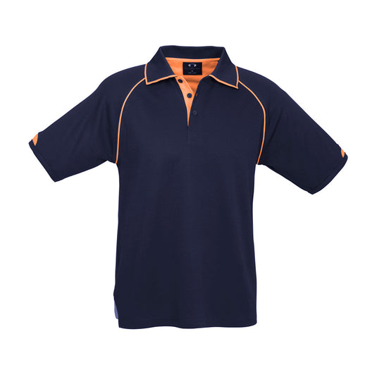 Biz Fusion Short Sleeve Polo Shirt featuring a ribbed collar with fluoro tipping, side splits with fluoro inserts, and quick-dry fabric, ideal for safety-focused work environments.