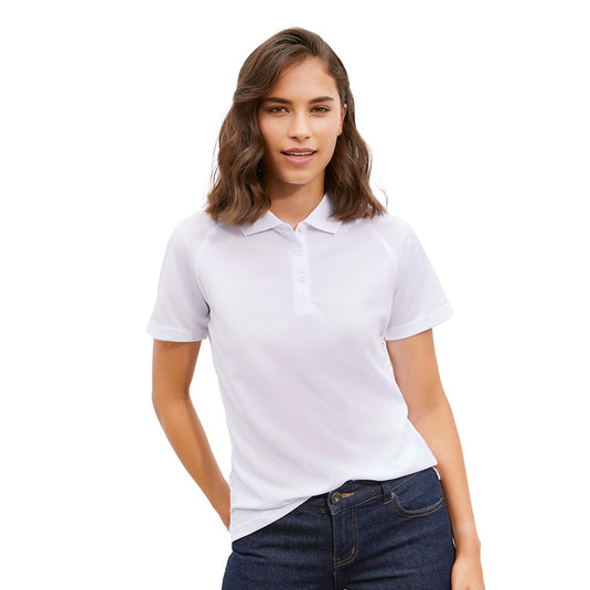 Biz Womens Sprint Short Sleeve Polo featuring a breathable mesh knit and durable flat lock raglan sleeves. Ideal for active use, its sleek design includes a slimline placket and matching knitted collar.