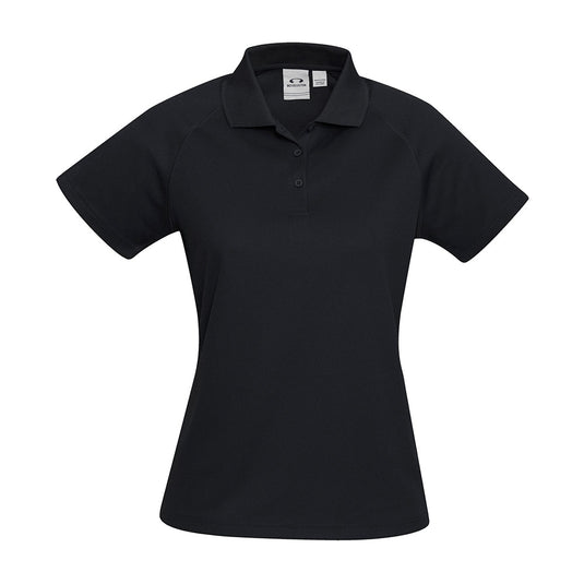 Biz Womens Sprint Short Sleeve Polo featuring a breathable, open-weave mesh knit. Designed with a matching collar and raglan sleeves, ideal for active wear. Perfect for comfort and durability in various activities.
