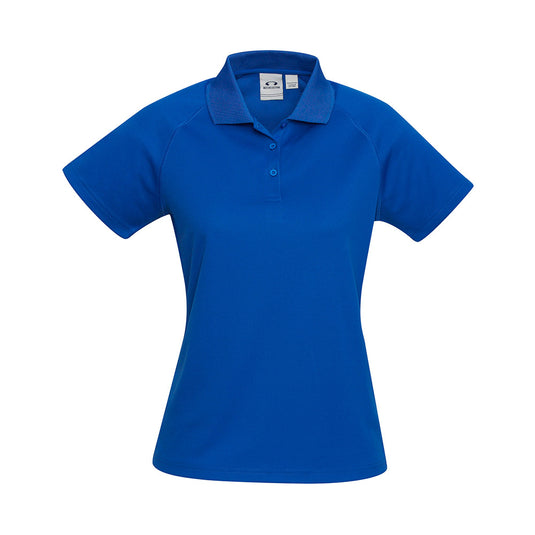 Biz Womens Sprint Short Sleeve Polo with breathable mesh fabric and a matching knitted collar. Features a durable flat lock raglan sleeve and slimline placket, ideal for active and safety environments.