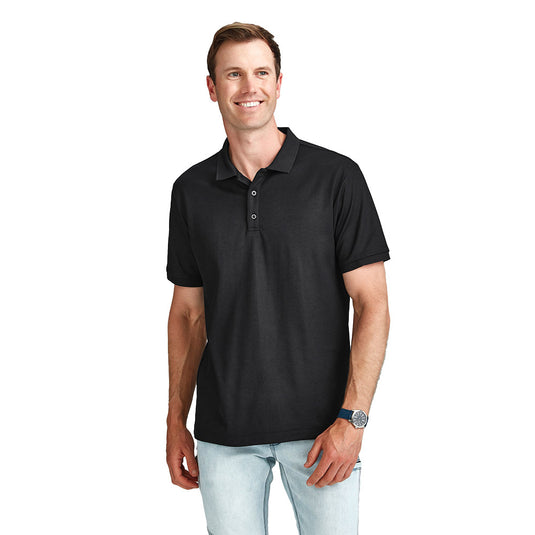 Biz Mens Focus Short Sleeve Polo on a man, showcasing its breathable pique knit fabric and contrast stripe rib collar, highlighting comfort and style suitable for workplace wear.