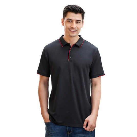 Biz Mens Focus Short Sleeve Polo featuring a cotton-backed fabric and breathable pique knit, worn by a man. Designed for comfort with a ribbed collar and striped sleeve cuffs, ideal for workplace settings.