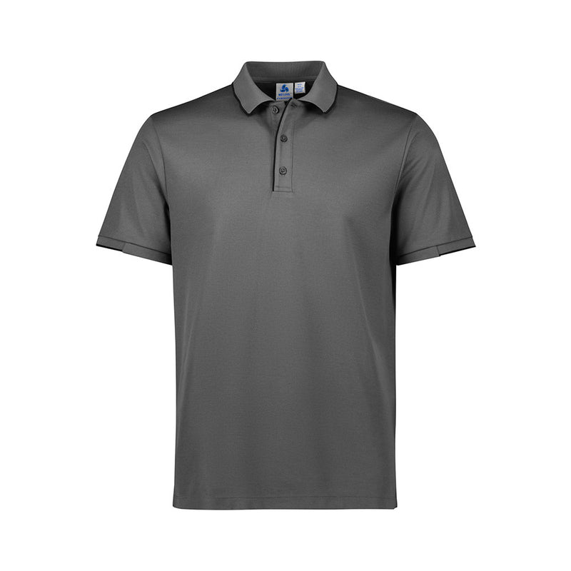 Load image into Gallery viewer, Biz Mens Focus Short Sleeve Polo featuring a grey design, knitted rib collar, and half sleeve cuffs. Ideal for comfort and breathability with a button-through piping placket, perfect for active work environments.