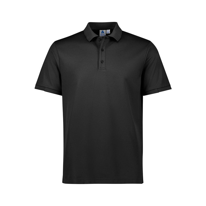 Load image into Gallery viewer, Biz Mens Focus Short Sleeve Polo features a black, collared design with a button-through piping placket, ideal for active safety wear, highlighting its breathable pique knit and comfortable cotton-backed fabric.