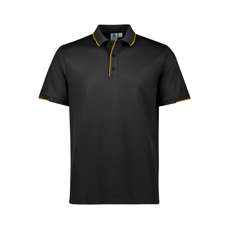 Load image into Gallery viewer, Biz Mens Focus Short Sleeve Polo, featuring a black design with yellow trim, showcases a breathable pique knit, ribbed collar, and half sleeve cuffs, ideal for workplace comfort and style.