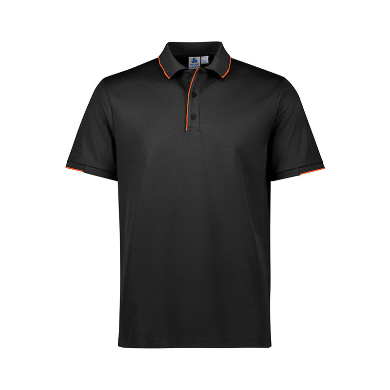 Load image into Gallery viewer, Biz Mens Focus Short Sleeve Polo, featuring a sleek black design with orange trim, showcases a breathable pique knit and ribbed collar, ideal for comfort and style in active and professional settings.