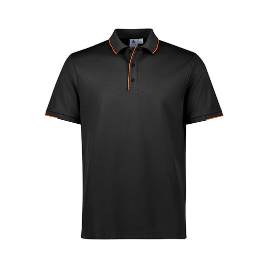 Biz Mens Focus Short Sleeve Polo, featuring a sleek black design with orange trim, showcases a breathable pique knit and ribbed collar, ideal for comfort and style in active and professional settings.