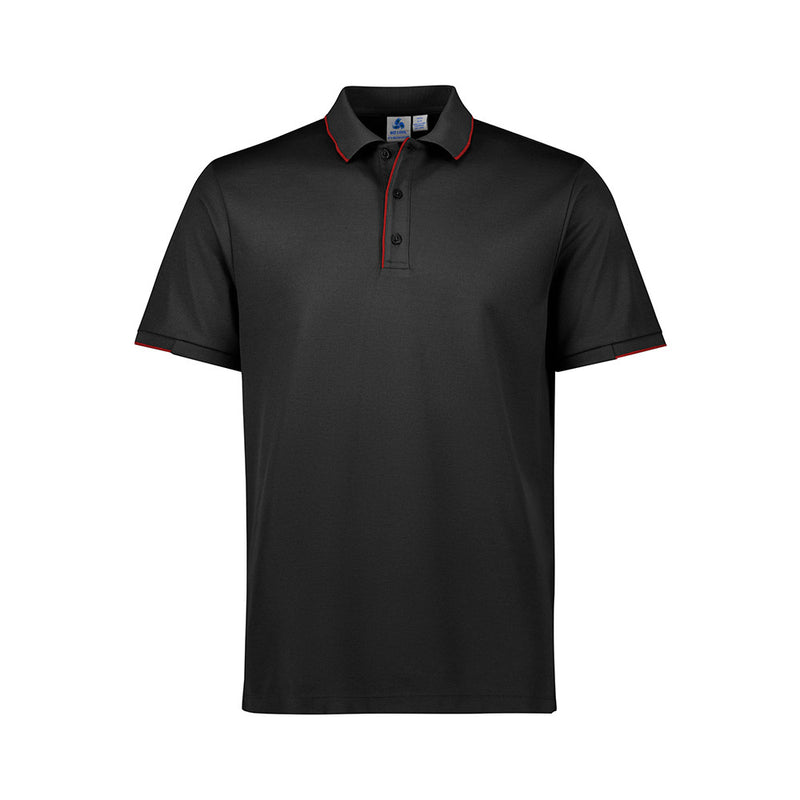 Load image into Gallery viewer, Biz Mens Focus Short Sleeve Polo displayed with red trim on collar and cuffs, designed for comfort with a breathable pique knit. Ideal for uniform wear in safety-focused environments.