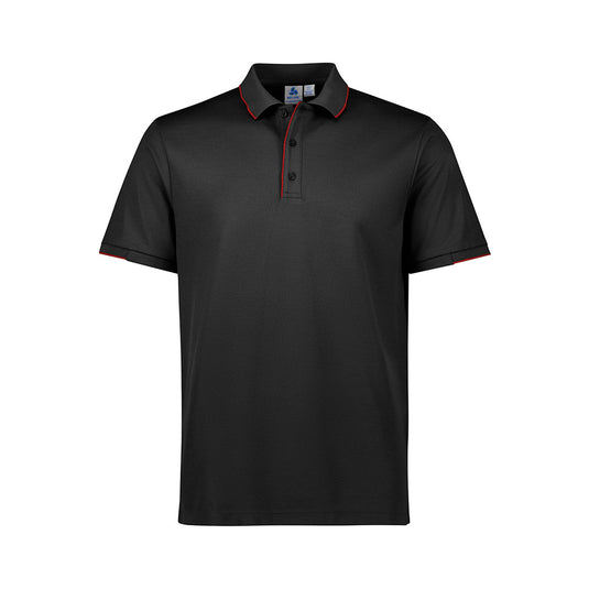 Biz Mens Focus Short Sleeve Polo displayed with red trim on collar and cuffs, designed for comfort with a breathable pique knit. Ideal for uniform wear in safety-focused environments.