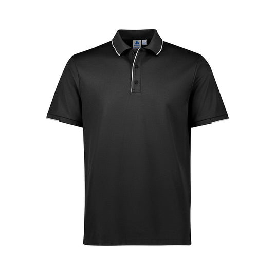 Biz Mens Focus Short Sleeve Polo features a black design with a white collar and trim. This breathable, cotton-backed polo ensures all-day comfort, perfect for active safety and workwear environments.