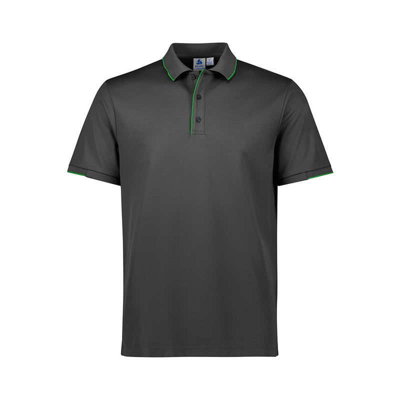 Load image into Gallery viewer, Biz Mens Focus Short Sleeve Polo features a black design with green trim. This polo offers breathable pique knit fabric, a knitted rib collar, and a button-through piping placket for comfort and style.