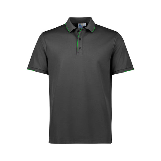 Biz Mens Focus Short Sleeve Polo features a black design with green trim. This polo offers breathable pique knit fabric, a knitted rib collar, and a button-through piping placket for comfort and style.