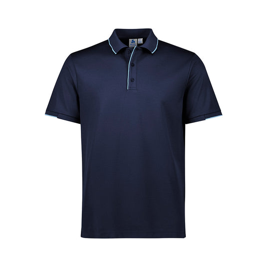 Biz Mens Focus Short Sleeve Polo features a breathable pique knit with a cotton-backed fabric, ribbed collar, and button-through piping placket, ideal for workplace comfort and style from Active Safety.