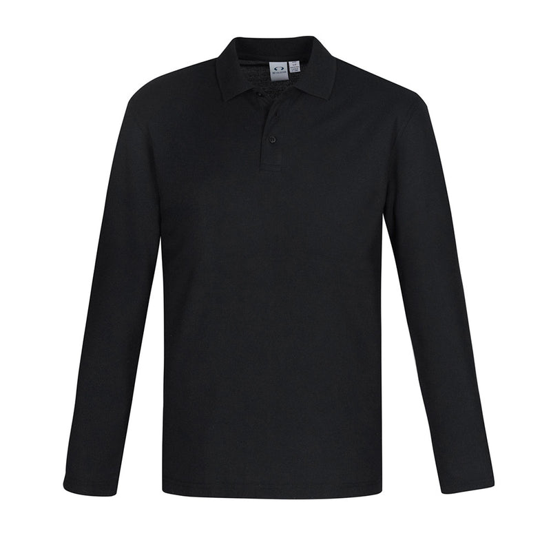 Load image into Gallery viewer, Biz Mens Crew Long Sleeve Polo featuring a sleek knitted flat collar, durable top-stitched armhole, and twin needle sleeve/hem, suitable for workplace safety with UPF 50+ protection and a loose pocket design.