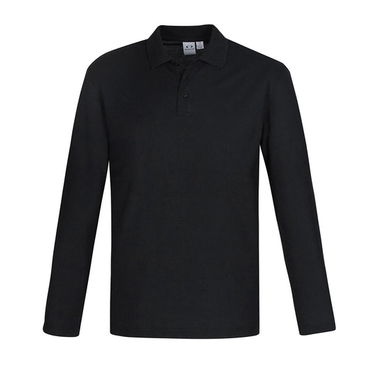 Biz Mens Crew Long Sleeve Polo featuring a sleek knitted flat collar, durable top-stitched armhole, and twin needle sleeve/hem, suitable for workplace safety with UPF 50+ protection and a loose pocket design.
