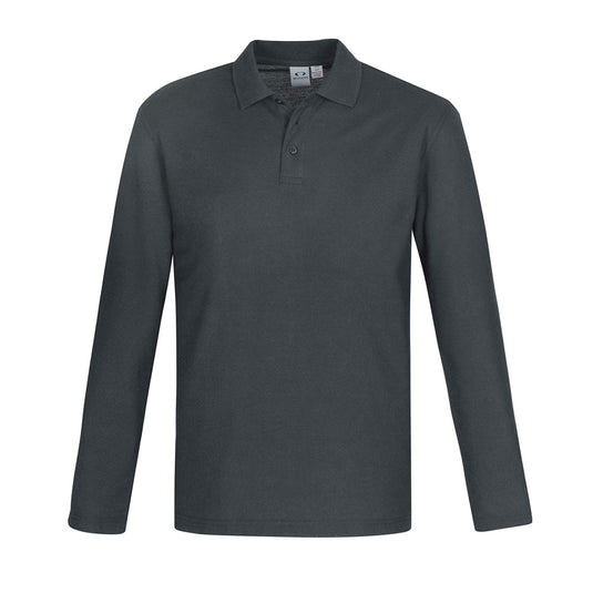 Biz Mens Crew Long Sleeve Polo, featuring durable top-stitched armholes, twin needle sleeves, and a sleek knitted flat collar, designed for workplace safety and comfort, ideal for New Zealand's active environments.