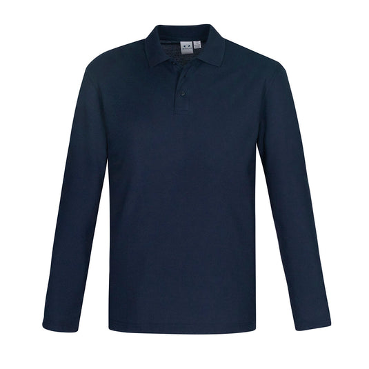 Biz Mens Crew Long Sleeve Polo featuring a long sleeve design, knitted flat collar, and top-stitched armhole. Ideal for workplace safety with durable twin needle sleeve/hem and loose pocket detail.