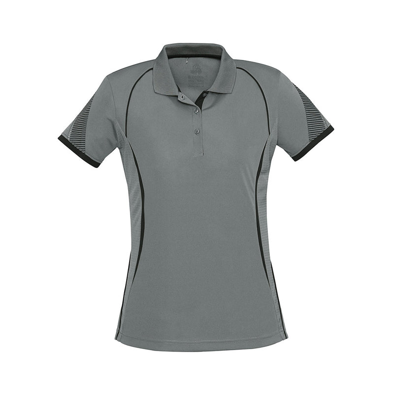 Load image into Gallery viewer, Biz Ladies Razor Polo Shirt featuring interlock knit fabric with mesh underarm panels for ventilation, unique sleeve print, and contrast piping, designed for active comfort and performance.