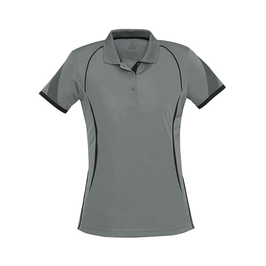 Biz Ladies Razor Polo Shirt featuring interlock knit fabric with mesh underarm panels for ventilation, unique sleeve print, and contrast piping, designed for active comfort and performance.