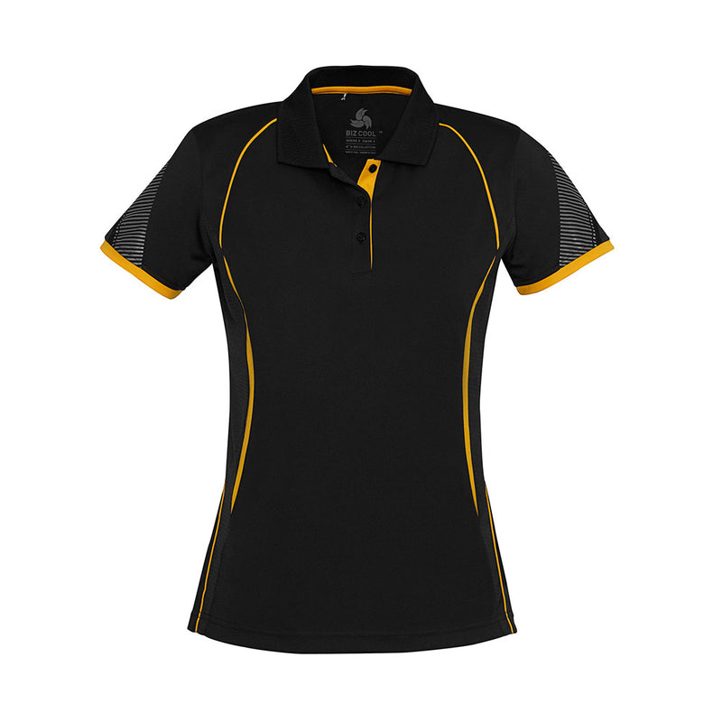 Load image into Gallery viewer, Biz Ladies Razor Polo Shirt featuring a dynamic sleeve print and grid mesh underarm panels for breathability, designed with BIZ COOL™ fabric offering extra stretch for optimal active comfort.