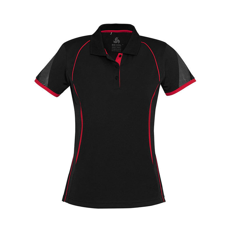 Load image into Gallery viewer, Biz Ladies Razor Polo Shirt showcasing a dynamic sleeve print and contrast panels, crafted with BIZ COOL™ interlock knit fabric and grid mesh for ventilation, ensuring comfort and style for active wear.