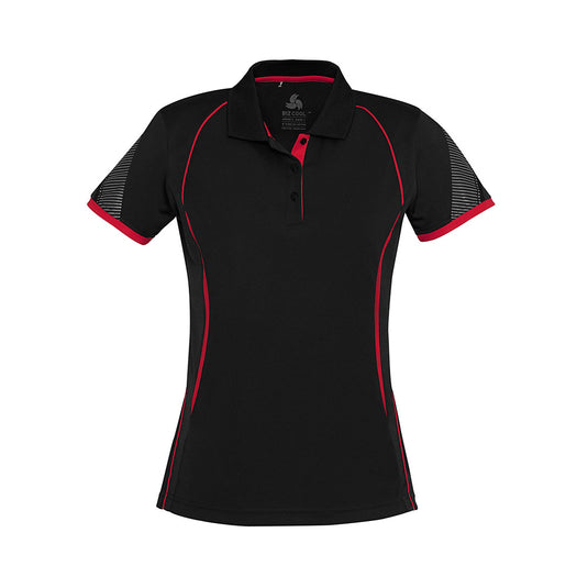 Biz Ladies Razor Polo Shirt showcasing a dynamic sleeve print and contrast panels, crafted with BIZ COOL™ interlock knit fabric and grid mesh for ventilation, ensuring comfort and style for active wear.