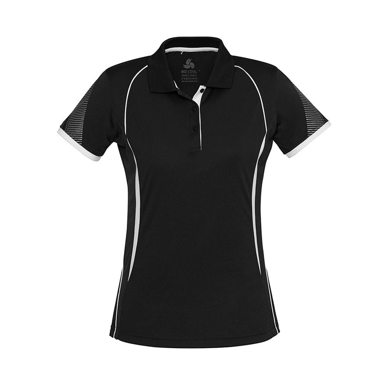 Load image into Gallery viewer, Biz Ladies Razor Polo Shirt featuring a grid mesh underarm for breathability, unique sleeve print, and contrast panels, designed for active comfort with interlock knit fabric and stretch. Ideal for workplace uniforms.