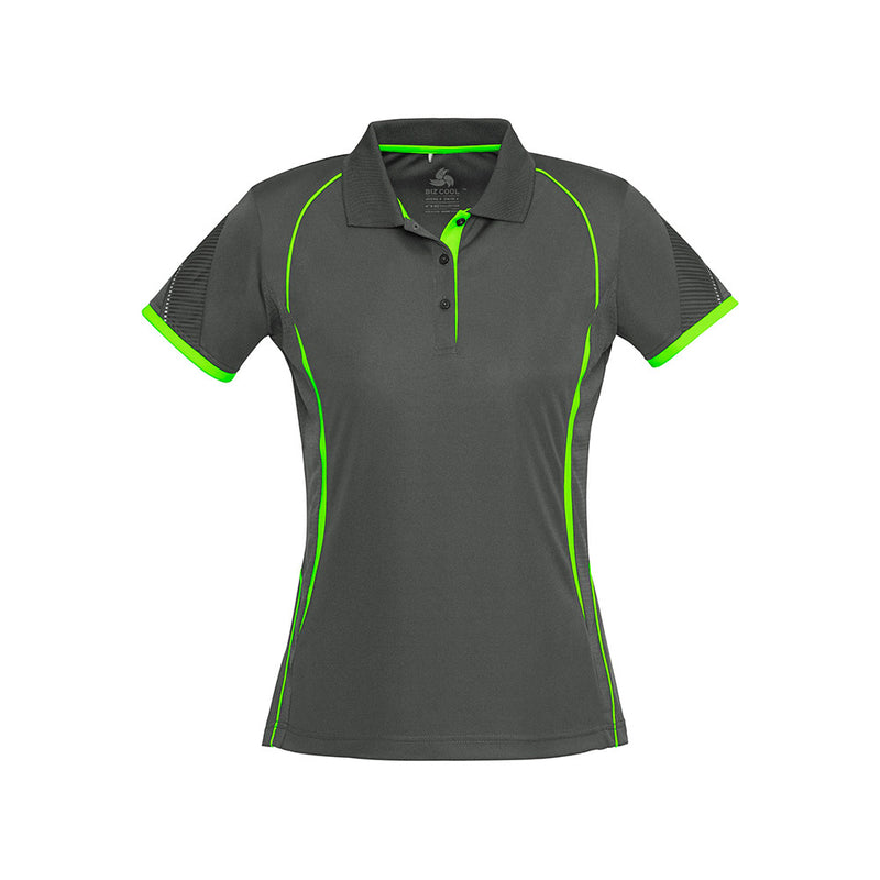 Load image into Gallery viewer, Biz Ladies Razor Polo Shirt with interlock knit fabric for stretch, grid mesh underarm panels for ventilation, and a dynamic sleeve print; designed for ultimate active comfort and performance.