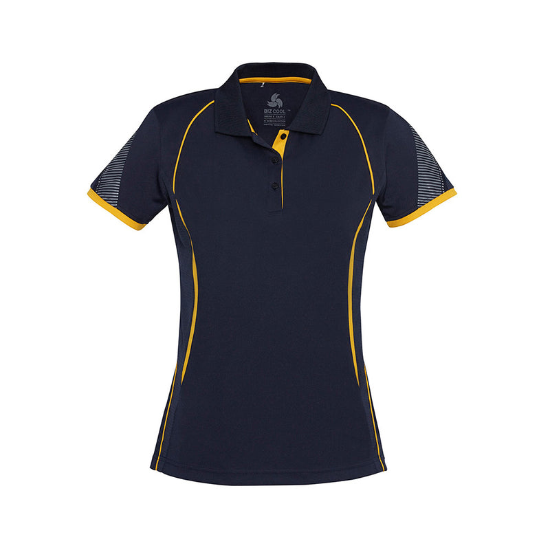 Load image into Gallery viewer, Biz Ladies Razor Polo Shirt featuring a dynamic sleeve print, grid mesh underarm panels for breathability, contrast piping, and a knitted collar, engineered for optimum active comfort and performance.