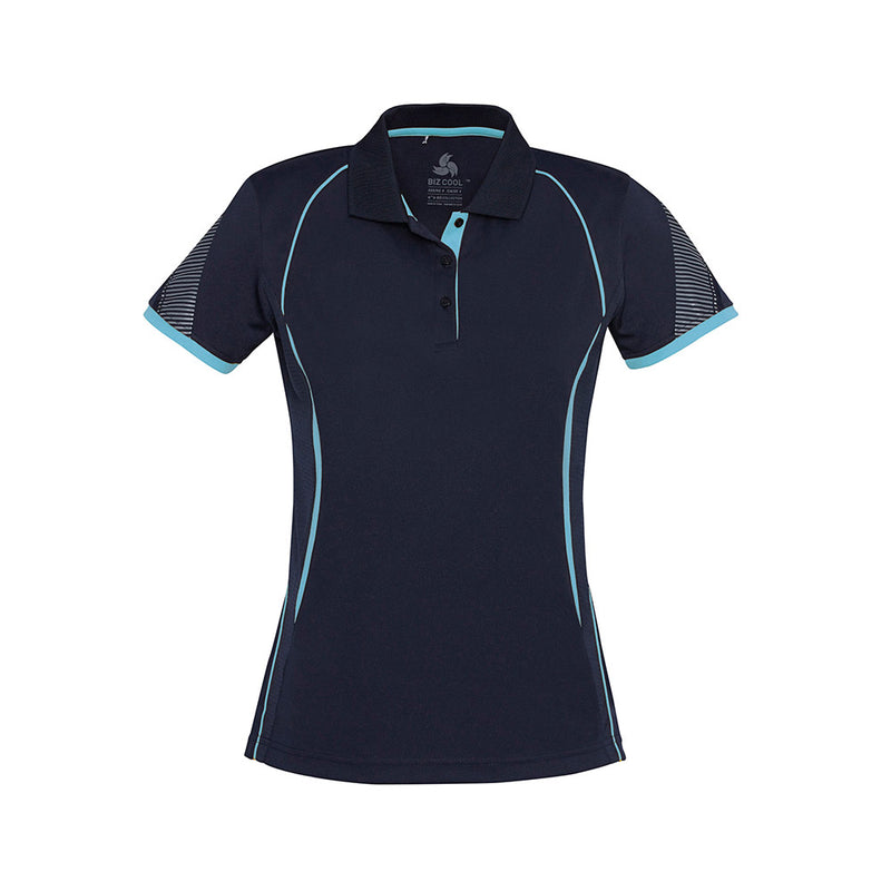 Load image into Gallery viewer, Biz Ladies Razor Polo Shirt featuring a unique sleeve print, interlock knit fabric with extra stretch, grid mesh underarm panels for ventilation, and contrast detailing, designed for active comfort and performance.