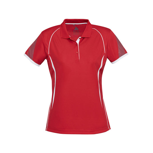Biz Ladies Razor Polo Shirt featuring interlock knit for stretch, grid mesh underarms for ventilation, dynamic sleeve print, contrast panels, and knitted collar, designed for optimum comfort and performance in active settings.