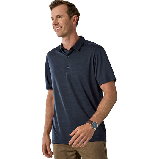 Biz Mens Orbit Short Sleeve Polo showcasing a sleek space-dye effect, lightweight knit, and modern two-piece collar. Features side splits and a loose pocket, ideal for versatile, eco-friendly workwear or sportswear.