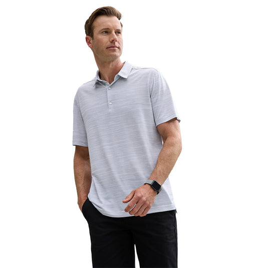 Biz Mens Orbit Short Sleeve Polo featuring a space-dye effect knit and two-piece self fabric collar, embodies versatile and eco-friendly style suitable for both everyday and sportswear needs.