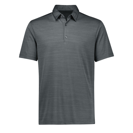 Biz Mens Orbit Short Sleeve Polo features a modern space-dye effect with a two-piece collar and grown-on placket, ideal for versatile, eco-friendly wear in active and professional settings.