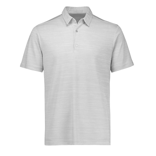 Biz Mens Orbit Short Sleeve Polo featuring a sleek space-dye knit design with a modern grown-on placket and side splits, crafted from eco-friendly recycled polyester, ideal for versatile everyday or sportswear.
