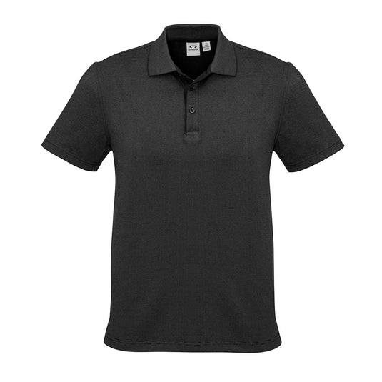 Biz Mens Shadow S/S Polo featuring a sleek knitted flat jacquard collar and a soft-feel, cross-dyed tonal fine stripe pattern, ideal for workplace settings.