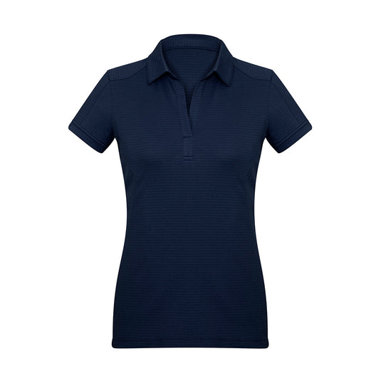 Biz Ladies Profile Polo Shirt featuring a collared design with shoulder and side panel stitching, self-fabric collar and sleeve cuff, and Y-line placket. Perfect for activewear, balancing luxury texture with breathable comfort.