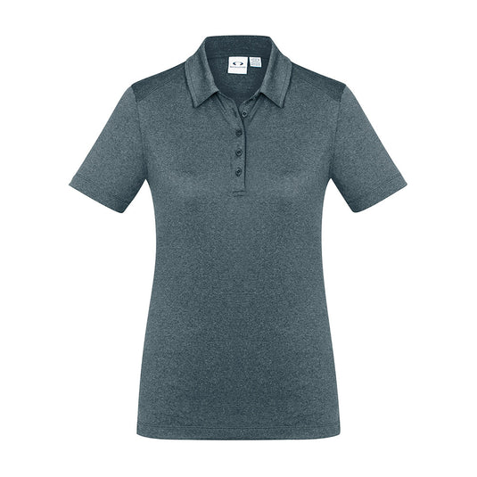Biz Womens Aero Short Sleeve Polo Shirt featuring a heathered marle pattern, flat-locked shoulder seams, and a self-fabric collar, designed for comfort with breathable, anti-shrink, anti-fade micro polyester.