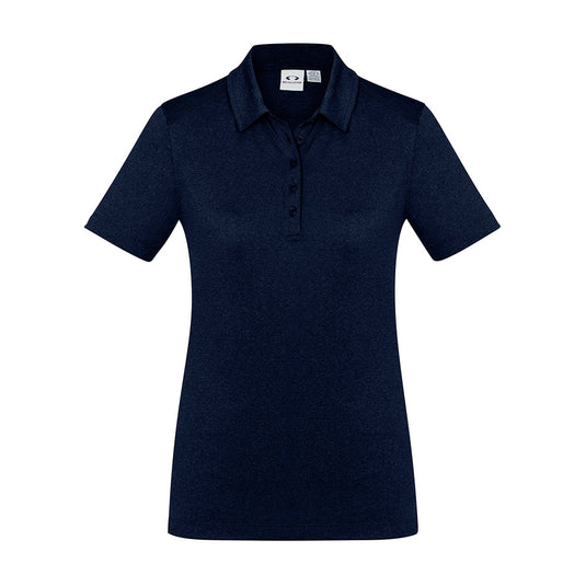Biz Womens Aero Short Sleeve Polo Shirt featuring a heathered marle pattern and flat-locked shoulder seams for comfort. The breathable, anti-shrink, anti-fade fabric ensures a cool, dry experience, ideal for active environments.