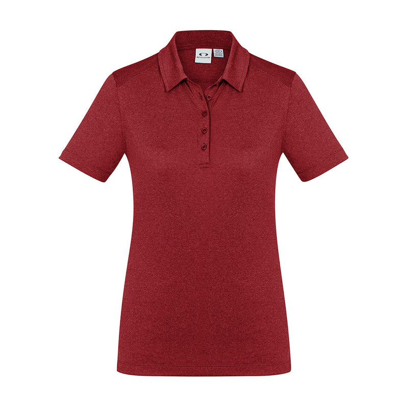 Load image into Gallery viewer, Biz Womens Aero Short Sleeve Polo Shirt with heathered marle fabric and overlocked seam stitching, featuring a self-fabric collar and placket, designed for comfort and durability with anti-shrink, anti-fade properties.