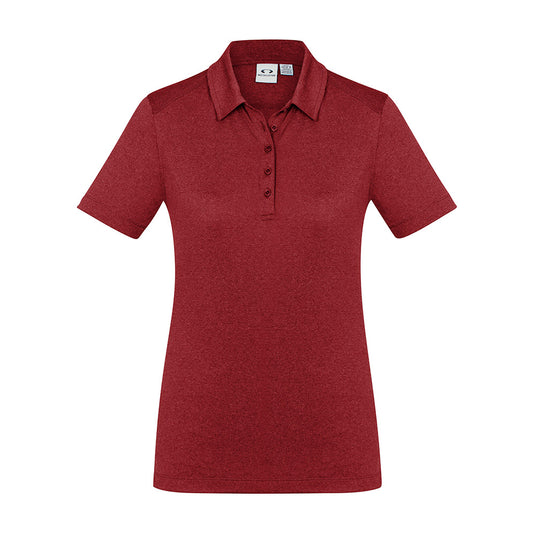 Biz Womens Aero Short Sleeve Polo Shirt with heathered marle fabric and overlocked seam stitching, featuring a self-fabric collar and placket, designed for comfort and durability with anti-shrink, anti-fade properties.