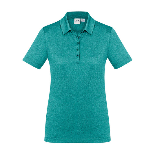 Biz Womens Aero Short Sleeve Polo Shirt features a heathered marle fabric, flat-locked shoulder seams, and a self-fabric collar, offering breathable comfort and modern design for active workplace settings.