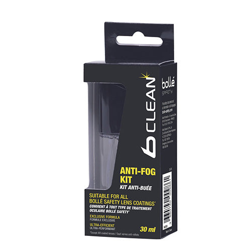 Bolle B-Clean Anti-Fog Kit features a black box with a clear container, designed to prevent fogging on eye protection gear, perfect for enhancing safety and visibility in the workplace.
